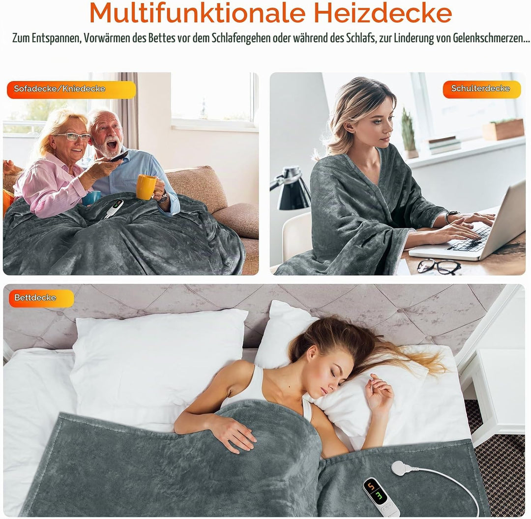 MYCARBON Heizdecke mit abschaltautomatik 180x160cm, Waschbar Wärmedecke Elektrisch mit 6 Heizstufen