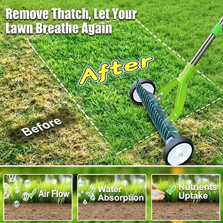 Handvertikutierer mit Rollen 165cm, vertikutierer Hand mit Gartenabfallsack, vertikutierrechen mit s