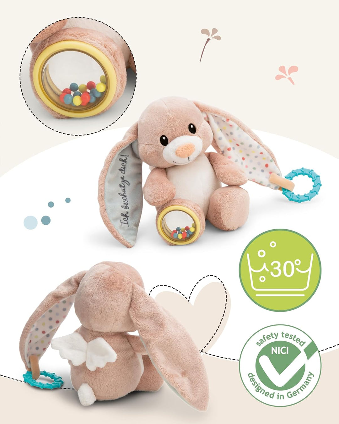 NICI Activity Kuscheltier Hase Fjella Ich beschütze Dich 23cm - rosa - Plüschtier für Babys und Klei