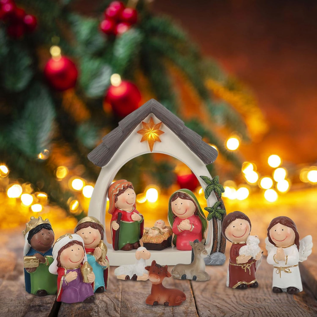 Weihnachtskrippe Set 12-teilig, Jesu Geburt mit Maria Josef Jesuskind, 3 Könige, Hirten &amp; Engel, Fig