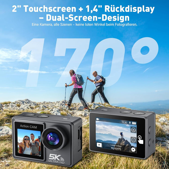 Action Cam 5K/ 4K, 50MP 30M/98FT wasserdichte Unterwasserkamera mit 64GB SD Karte, EIS, WiFi, 170° U