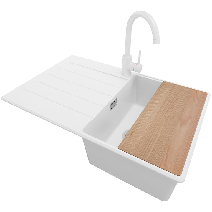 Spülbecken Weiss 78x50 cm, Granitspüle + Ablauf-Set + Küchenarmatur 5000, Küchenspüle für 45er Unter