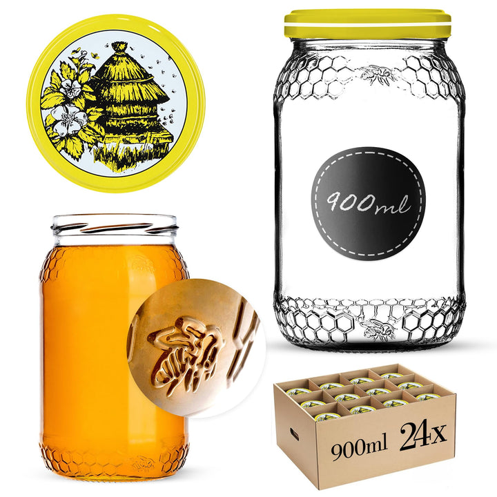 KADAX 24er Set Einmachgläser 900ml TO82 Bienenstock, Grosse Sturzgläser mit Schraubdeckel, Einkochgl