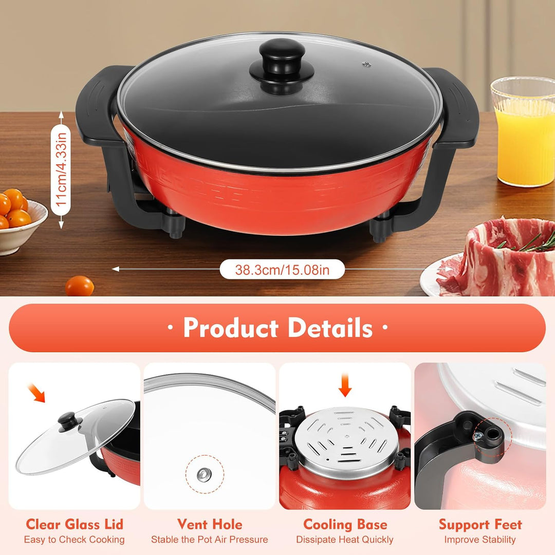 1300W Hot Pot Elektrisch, Elektrischer Topf mit Glasdeckel 6L Doppelseitig Hotpot