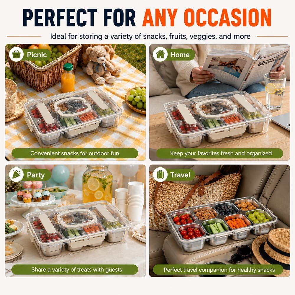 Snackbox Edelstahl mit 8 Fächern Snackteller mit Griff für Nüsse