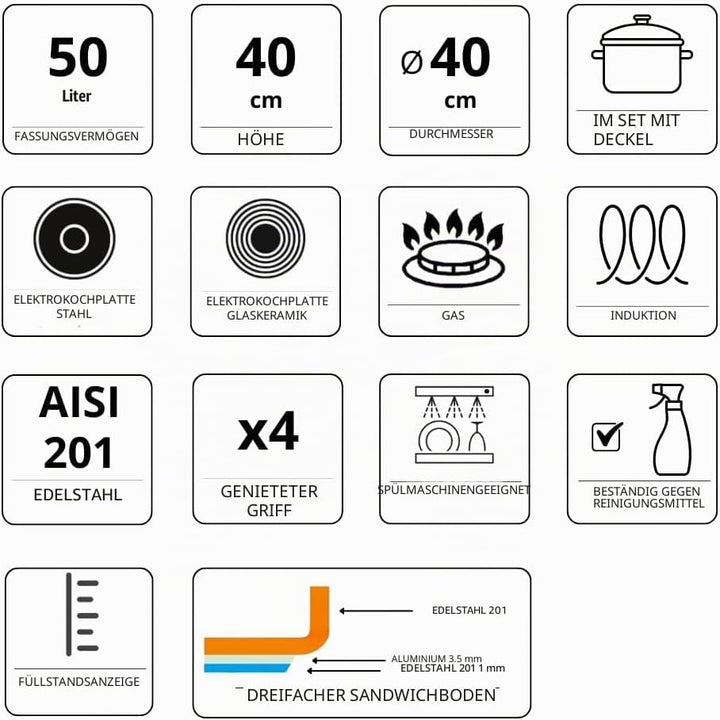 Mega-M Topf GROSSE Induktion aus Edelstahl mit STANDARD DECKEL (50L), 50L