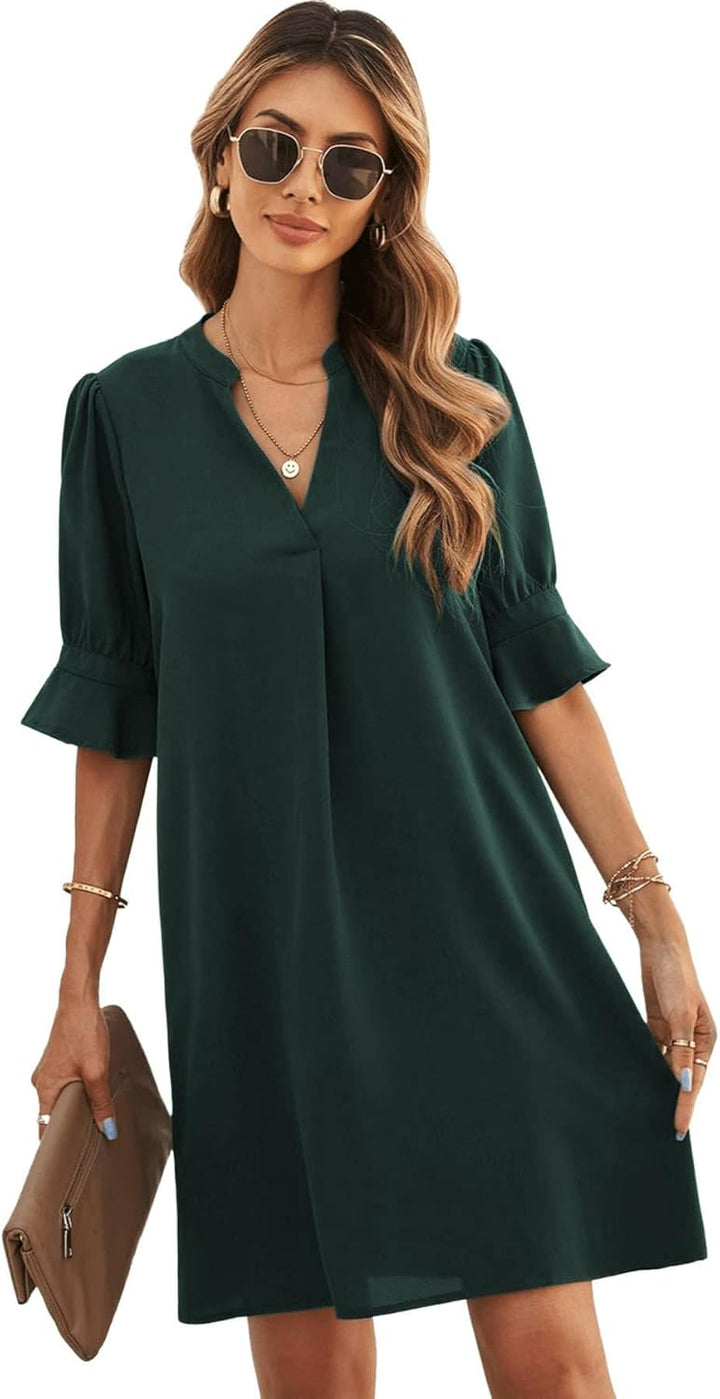 Famulily Frauen V-Ausschnitt Halbarm Hemdkleid Elegant Sommer Casual Einfarbig Kurzes Kleid S-XXL S