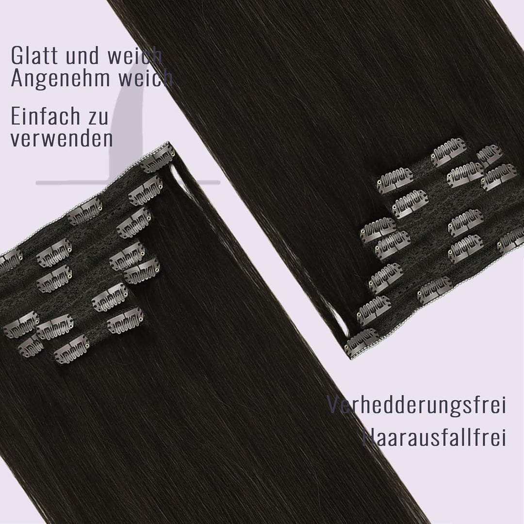 Fshine Echthaar Extensions Clip 45cm Dunkelstes Braun 120 Gramm Doppelt Tressen Haarverlängerung Rem