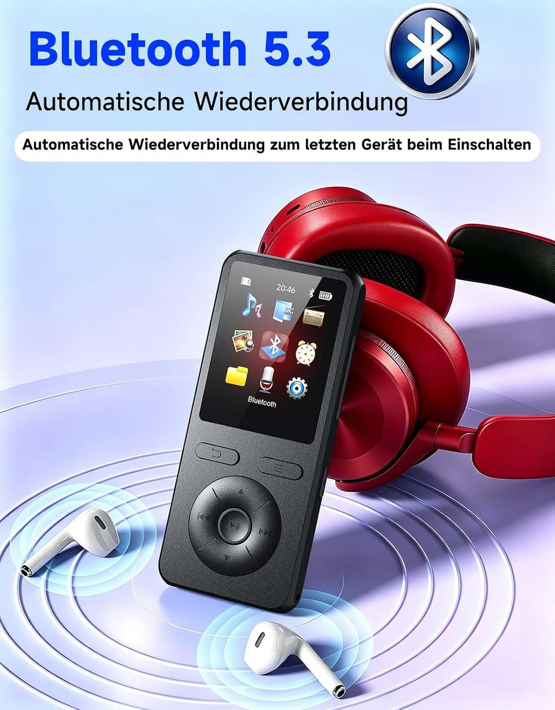 64GB MP3 Player Bluetooth 5.3,mit Lautsprecher,physische Tasten,Ultraleicht Matt Schwarz, Matt Schwa