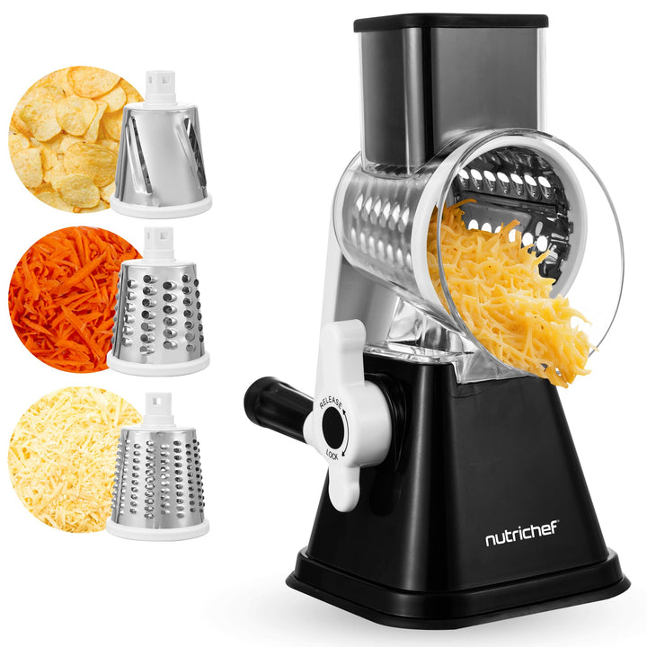 NutriChef Gemüsehobel mit Kurbel, 3 Klingen für Käse &amp; Gemüse – Schwarz, Schwarz