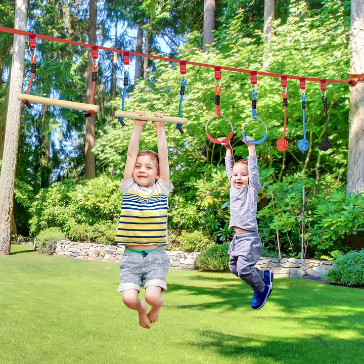 Outsunny Ninja Line Kinder 10m Slackline Set mit Hindernissen, Klettergerüst, Turnringe, Baumschutz,