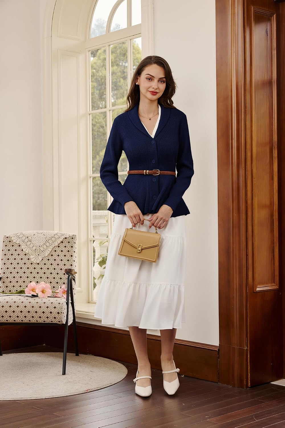 Belle Poque Damen Strickjacke Langarm Reverskragen Cardigan mit Rüschensaum Casual Strickmantel S Ma