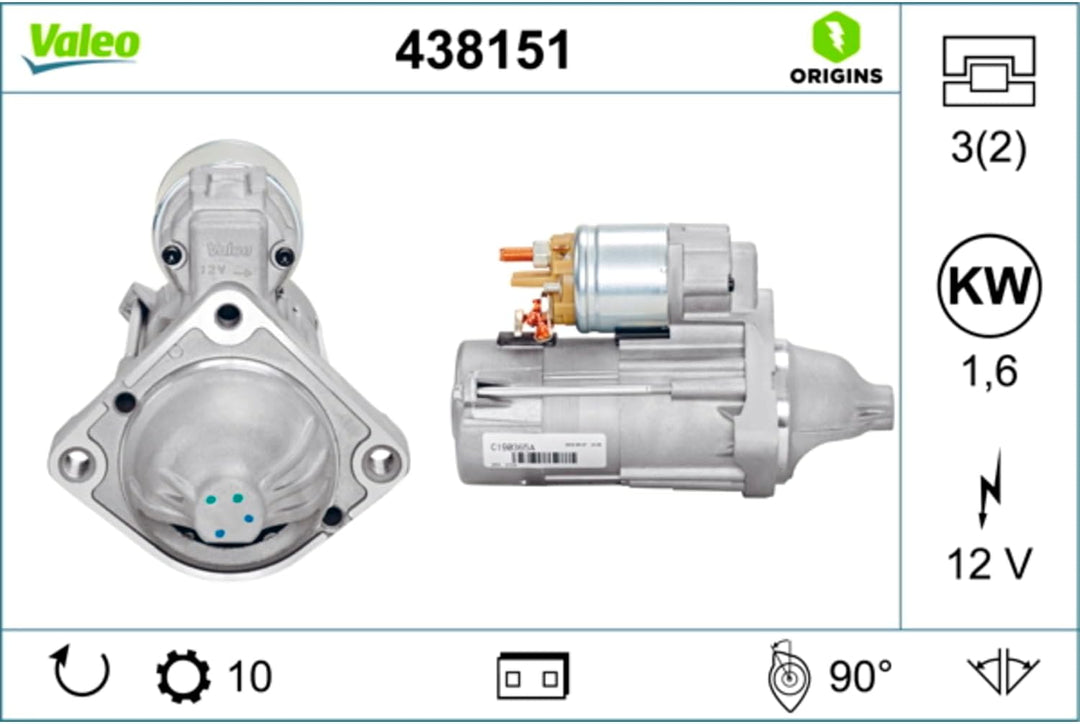 VALEO 438151 Starter Nennleistung: 1,6 kW Stop &amp; Start: NO Zähnezahl: 10 zähne Spannung: 12 V Drehri