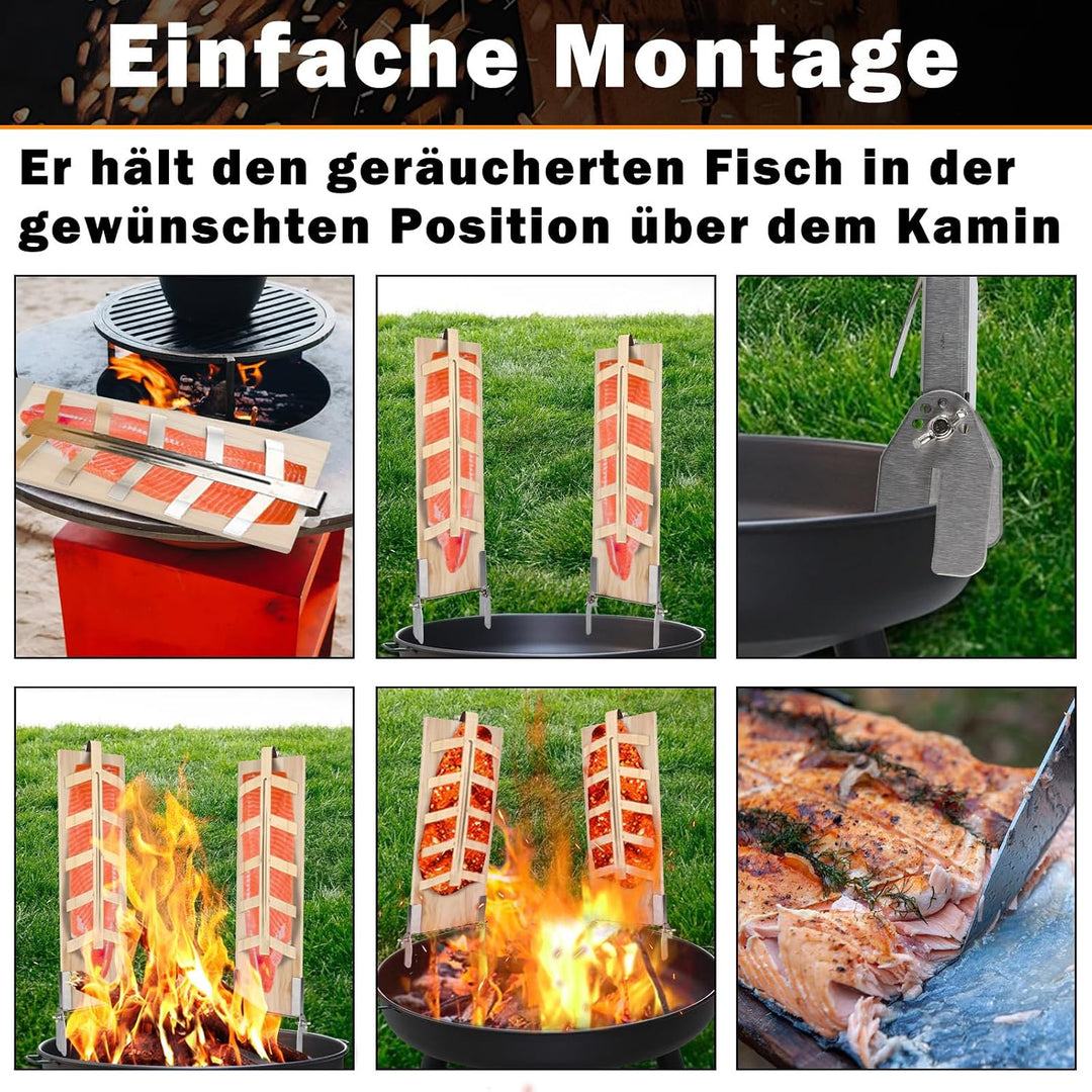Flammlachsbrett 2er-Set mit Erdspiess, 5-Fach neigbar, 56×21×5,5 cm Zedernholzplatten 2, Zedernholzp