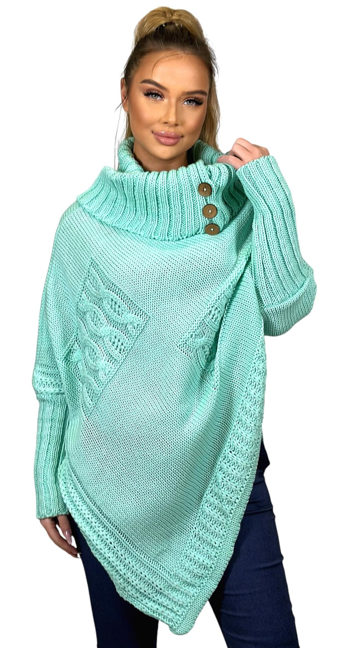Mississhop Poncho Strick Sweatshirt Pullover Umhang Überwurf Einheitsgrösse Mint, Einheitsgrösse Min