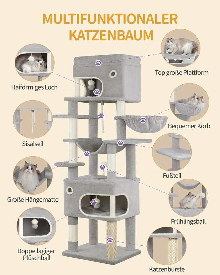 Hzuaneri Kratzbaum, 178 cm Katzenbaum mit grosser Plattform, 2 Höhlen, 7 Kratzsäulen, Pompons, Liege