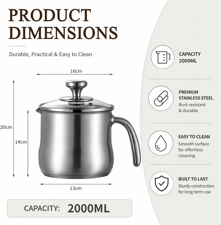 2 Liter Milchtopf Edelstahl mit Deckel und Ausgiesser, Kochtopf Induktion Mit Griff, Simmertopf, Spü