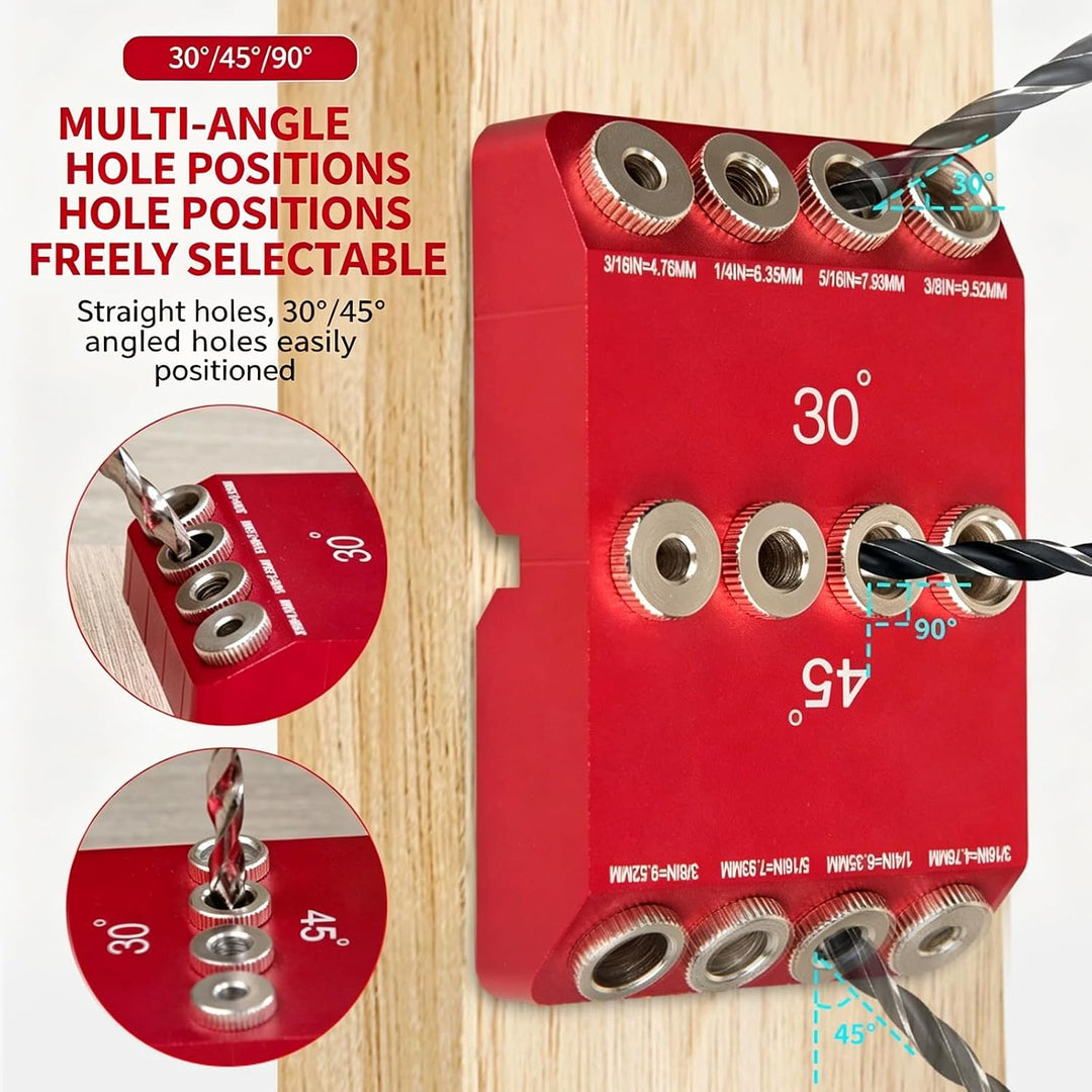 Holzdübel-Bohrschablone für Möbelbau, 3-in-1 Bohrständer zum senkrechten Bohren, Bohrlehre mit 30°/4