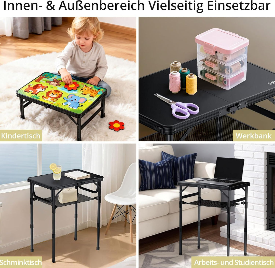 Anbte Campingtisch Klappbar 58x40cm Aluminium-Rahmen &amp; Kunststoff-Tischplatte mit 3 Höhen Verstellba