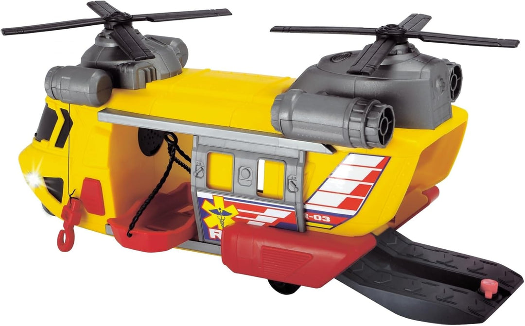 Dickie Toys Rettungshelikopter mit drehbarem Frontlicht &amp; Sound, Helikopter mit Aufzieh-Seilwinde in