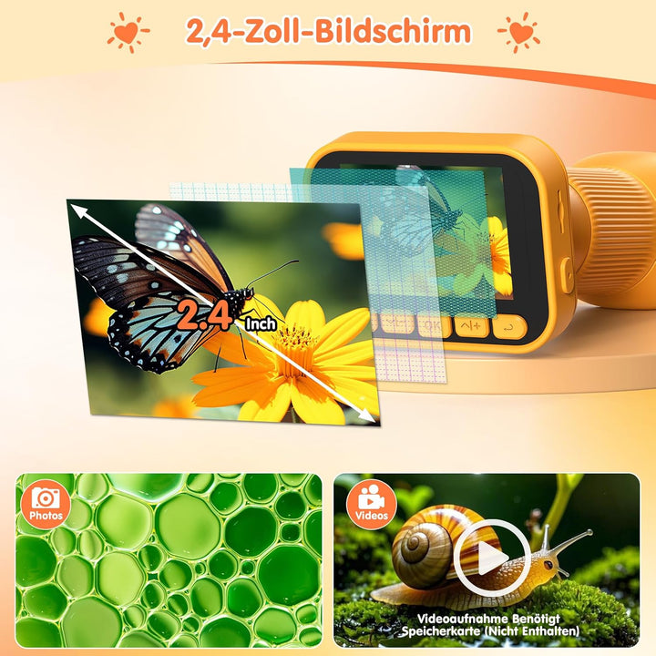 1000X Mikroskop für Kinder 2.4" Bildschirm 4K HD Taschenmikroskop Orange, Orange