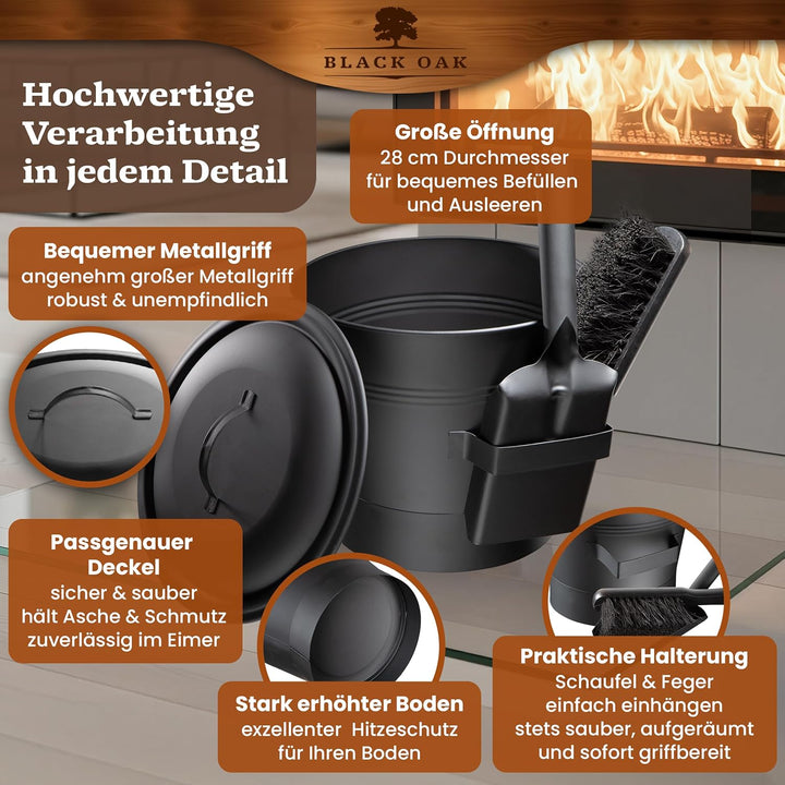 BLACK OAK Ascheeimer LANIN 8L - Asche-Eimer schwarz mit Deckel &amp; Holz-Griff DUNKEL + Feger + Schaufe