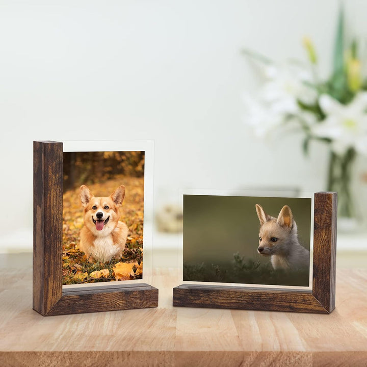 RLAVBL 2er Set Bilderrahmen 10x15 cm, Doppelseitiger Glasbilderrahmen mit L-förmigem MDF-Sockel, für
