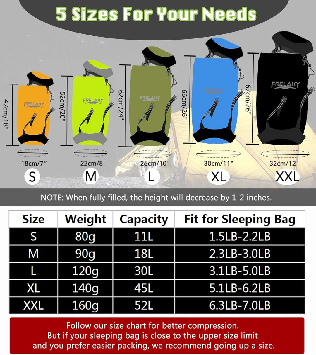 Frelaxy Kompressionssack, 40% mehr Stauraum!Kompressionssack 11l / 18l / 30l / 45l / 52l Wasserdicht
