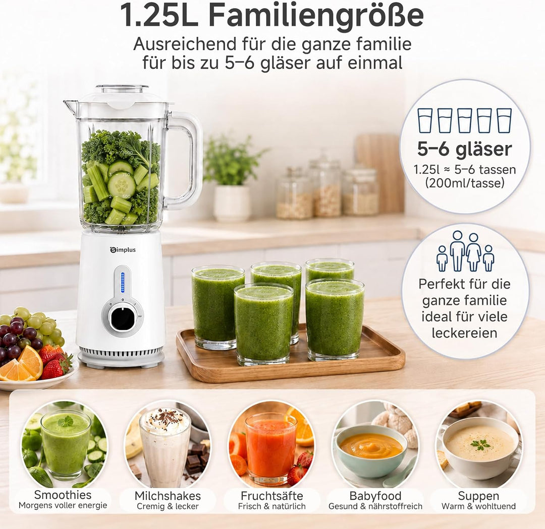 SIMPLUS 3-in-1 Standmixer &amp; Smoothie Maker mit 1,25L Mixbecher, 500ml Fleischwolf &amp; 300ml Mahlbecher