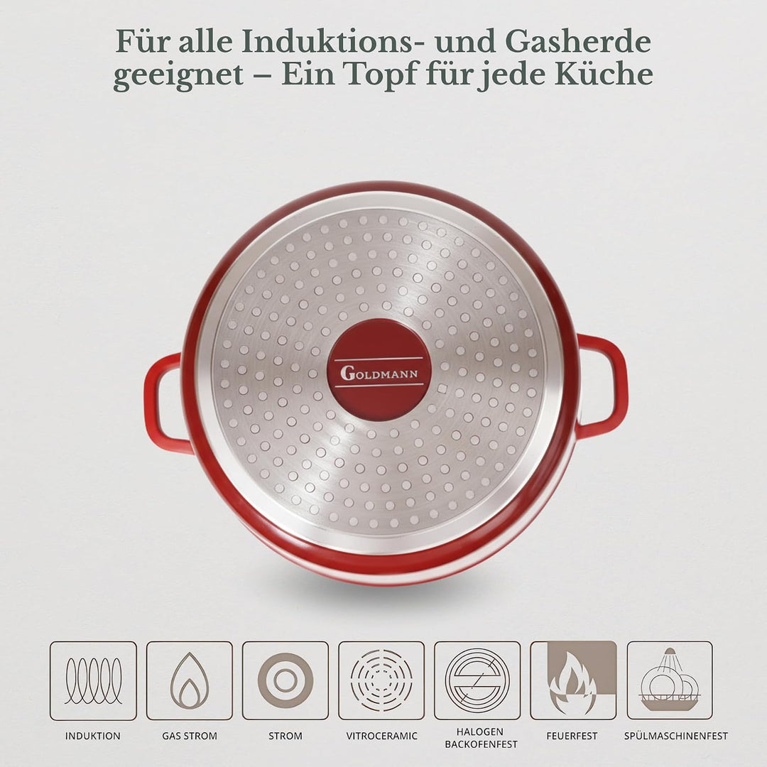 GOLDMANN Modern Rot 28 CM (10L) Aluguss-Kochtopf/Suppentopf mit Glasdeckel, Marmor-Keramik-Antihaftb