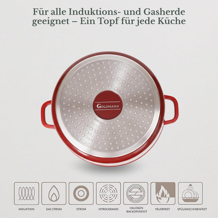 GOLDMANN Modern Rot 28 CM (10L) Aluguss-Kochtopf/Suppentopf mit Glasdeckel, Marmor-Keramik-Antihaftb