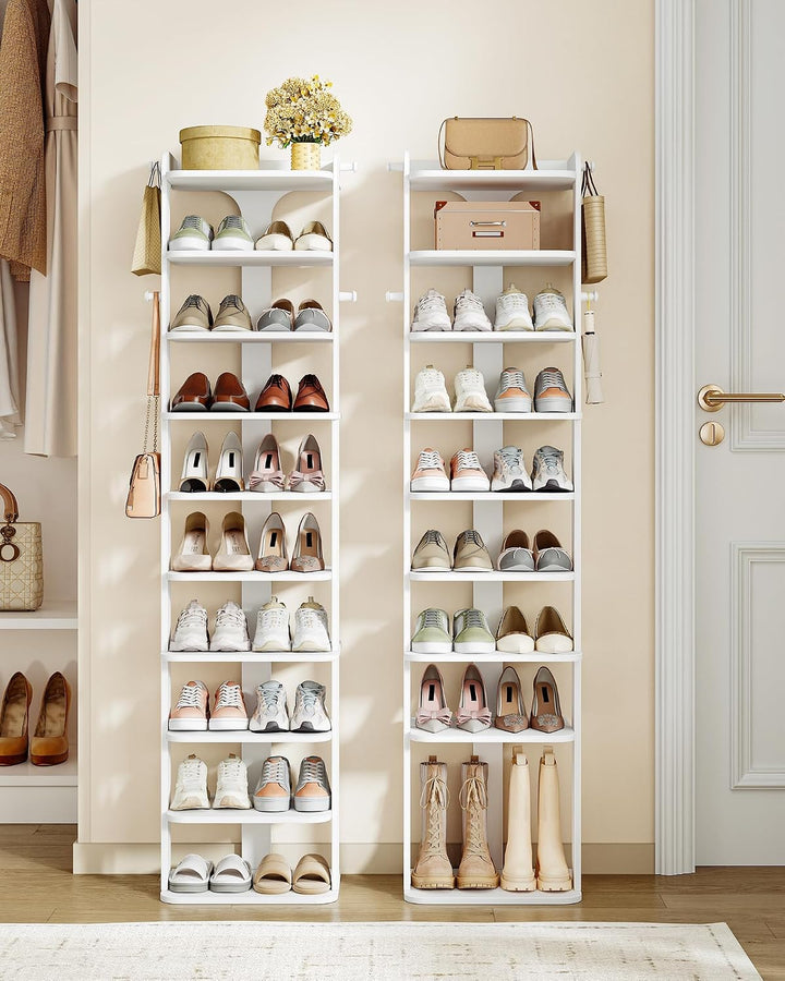 Hzuaneri Schuhregal, Schuhablage mit 10 Ebenen, Holz-Schuh-Organizer mit Haken, Verstellbar, Platzsp