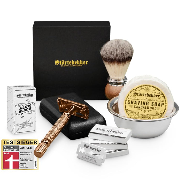 Störtebekker® Premium Rasierhobel Set für Herren im handgefertigten Lederetui - mit Rasierpinsel, Ra