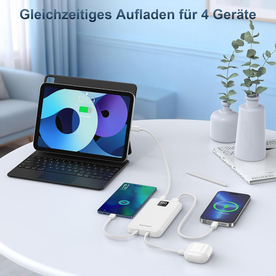 AsperX 2 Stück Powerbank 10000mAh mit USB-C Kabel Schnellladen Schwarz + Weiss, Schwarz + Weiss