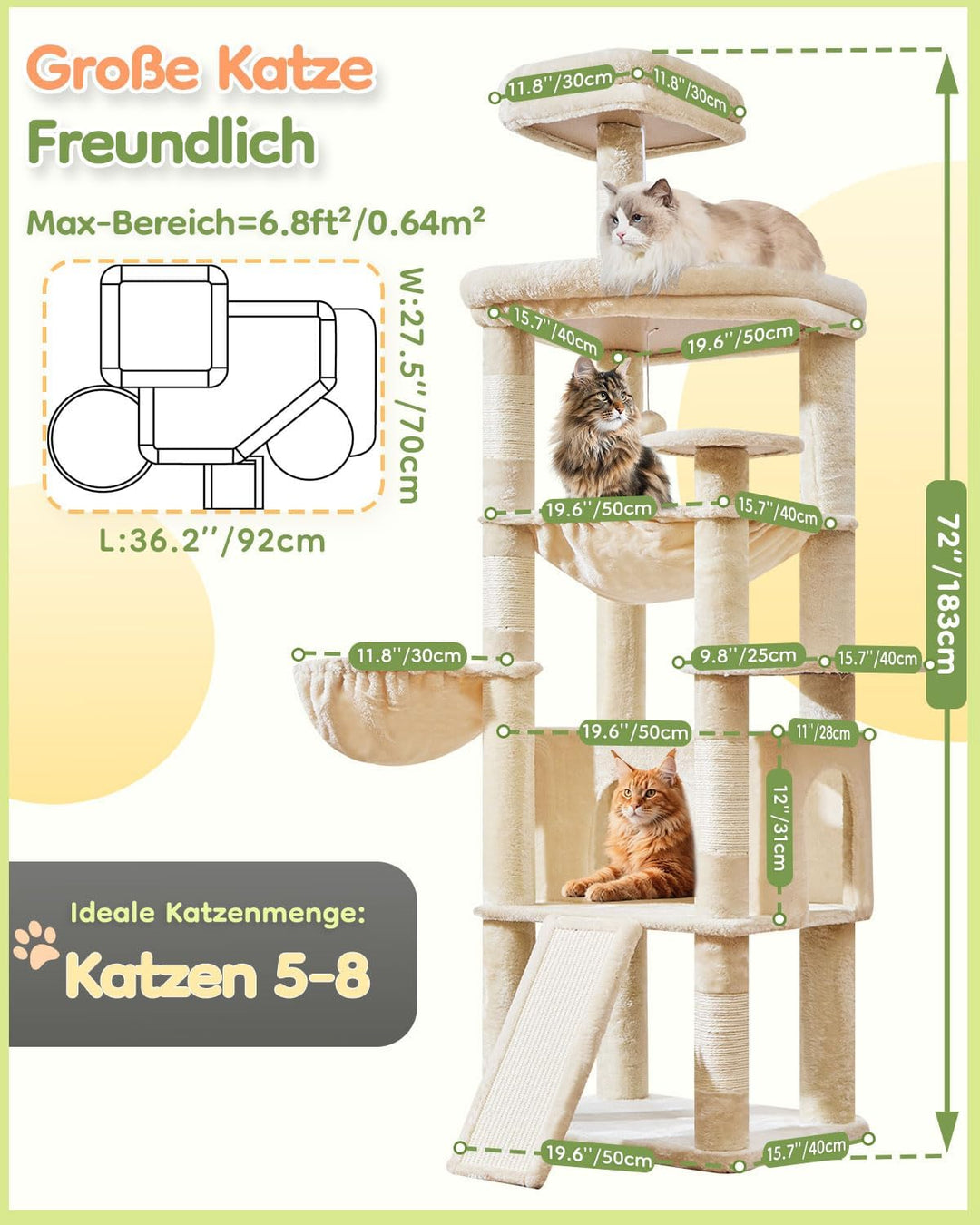 Taoqimiao 183CM Kratzbaum Gross XXL, Katzenbaum Kratzbaum Grosse Katzen Stabil Katzenkratzbaum mit K