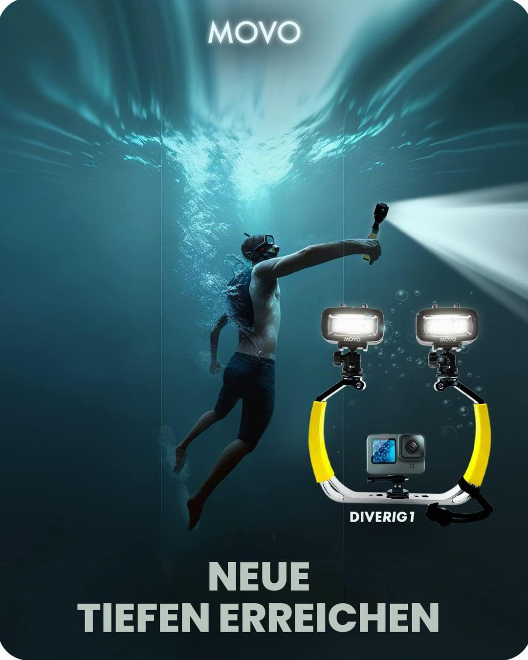 Movo DiveRig1 XL Taucher-Rig Bundle mit wasserdichten LED-Lichtern – kompatibel mit GoPro Hero, HERO