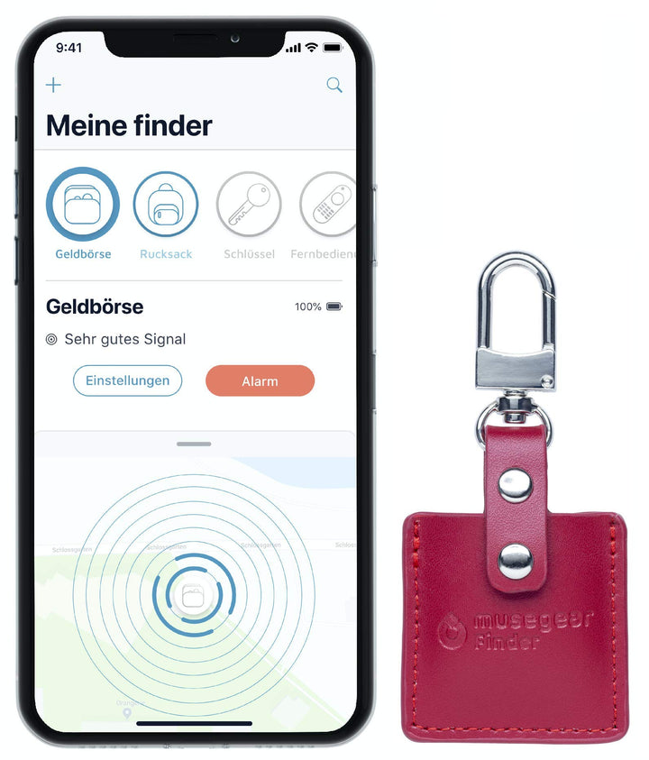 musegear Schlüsselfinder mit Bluetooth App aus Deutschland in Bordeaux roter Leder-Tasche I Finder h