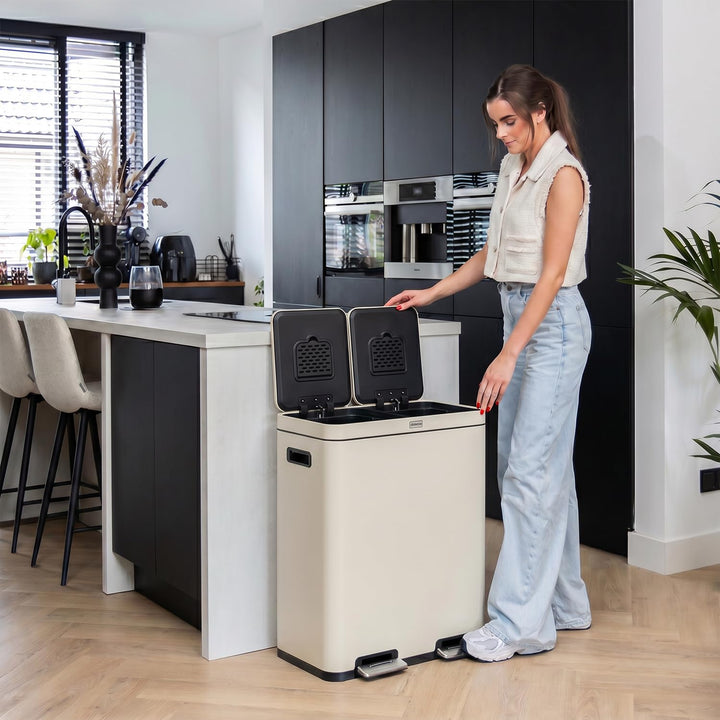 Mülleimer Küche 2 Fächer 60L – Doppelmülleimer mit FreshAura Geruchsfilter – Duo Slow Close Tretmüll