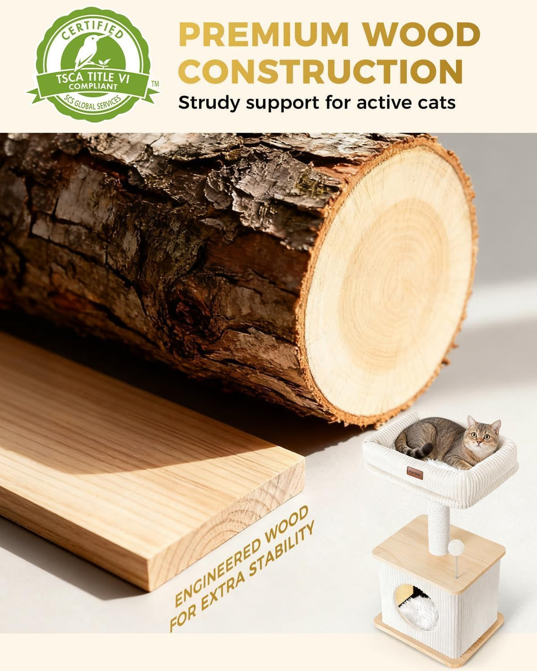 Kratzbaum für Wohnungskatzen 74 cm, moderner Katzenbaum aus Holz mit Sisal Kratzstämmen, grosse Lieg