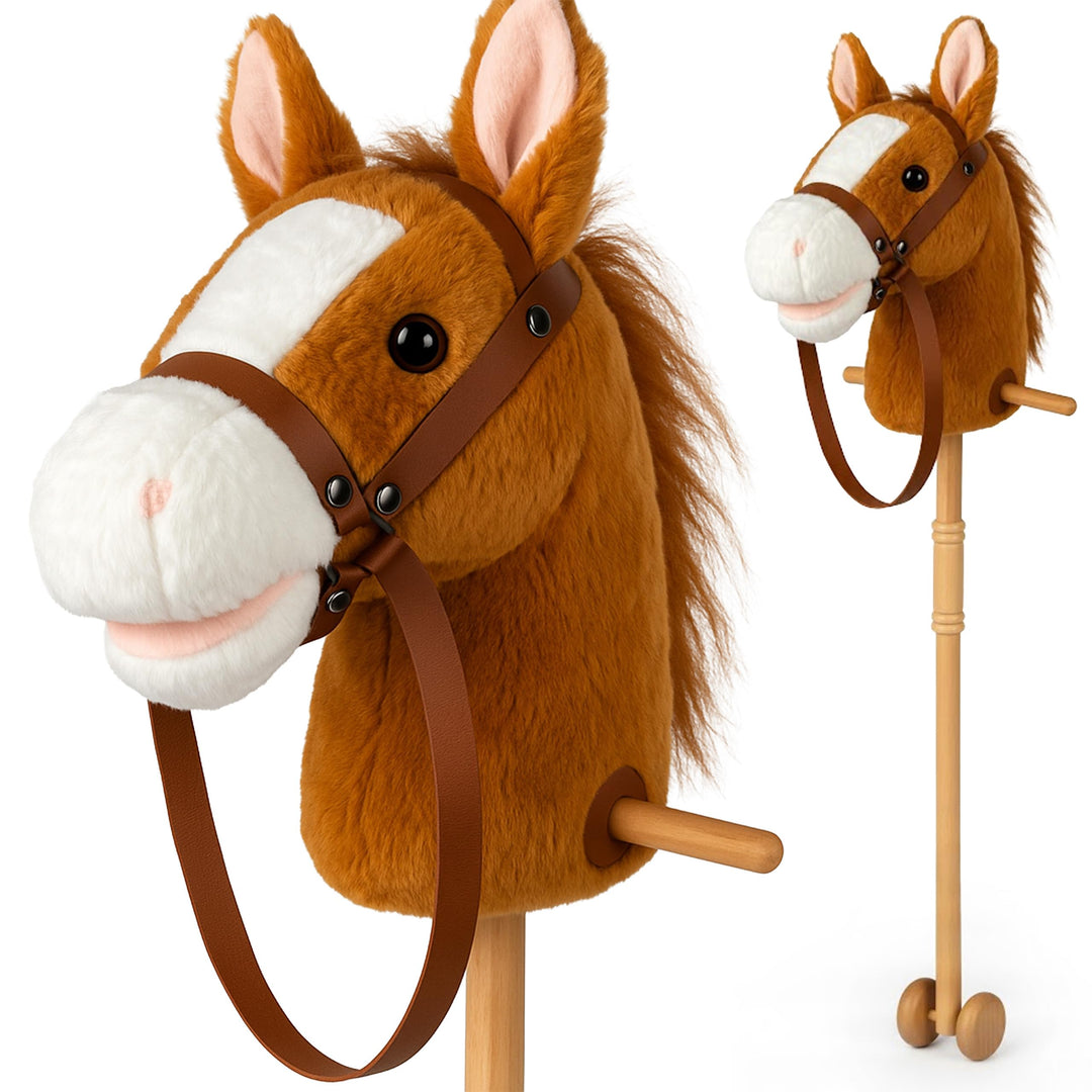 CELMAN Hobby Horse - Steckenpferd Braun A4 mit Zaumzeug und Sound - Geräuscheffekt durch Ohrdruck -