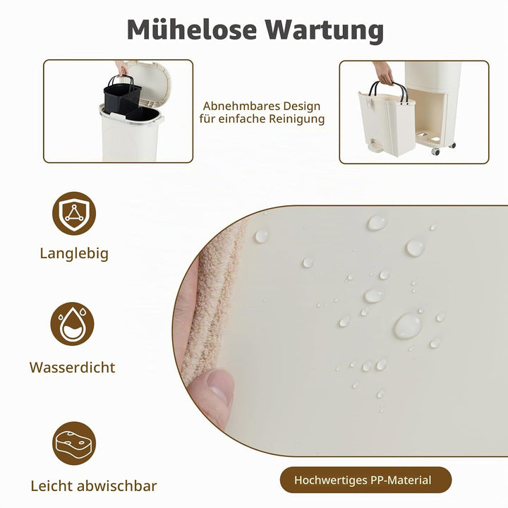 LIFEZEAL 38L / 42L Mülleimer auf Rädern, Abfalleimer mit 3 Fächern &amp; Deckel, Tretmülleimer mit Griff