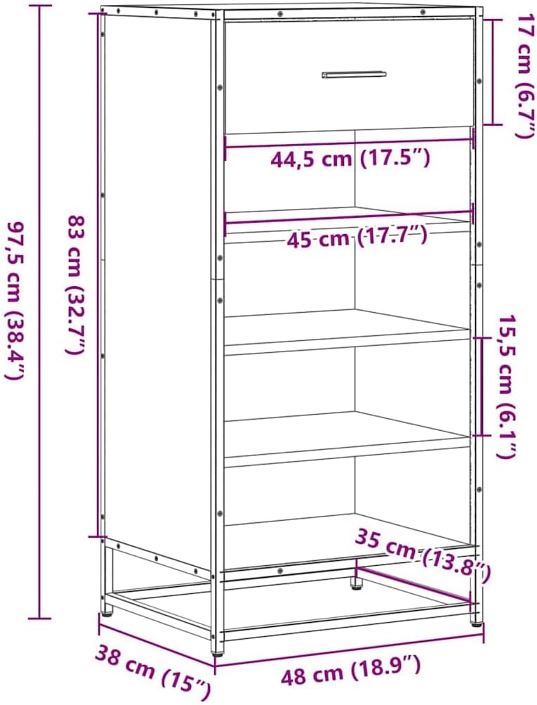 Schuhregal Grau Sonoma 48x38x97,5 cm Holzwerkstoff Metall Rahmen platzsparend Stauraum Organizer für
