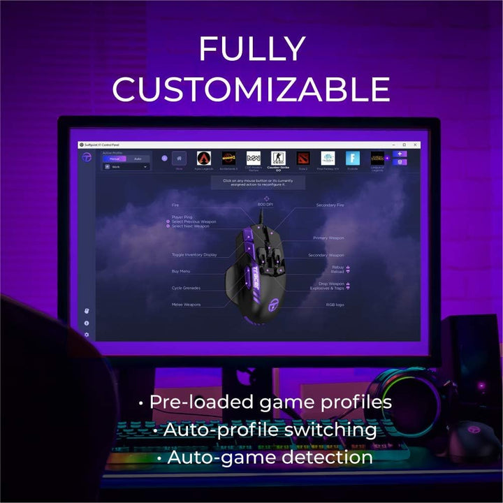 Swiftpoint Tracer Wired Gaming Mouse: 13 Programmable Buttons, 2 Pressure Sensors, Side Buttons, 120