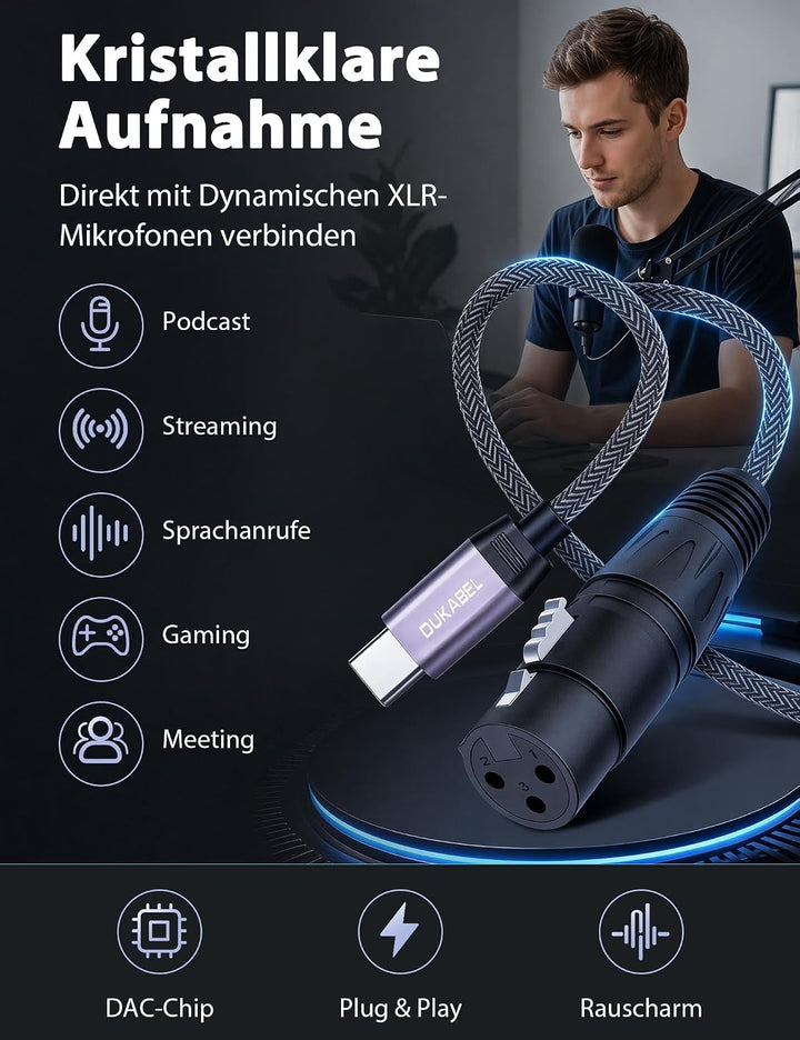 DuKabel USB C auf XLR Mikrofonkabel 2,4m mit DAC für Dynamische Mikrofone 2.4 Meter, 2.4 Meter
