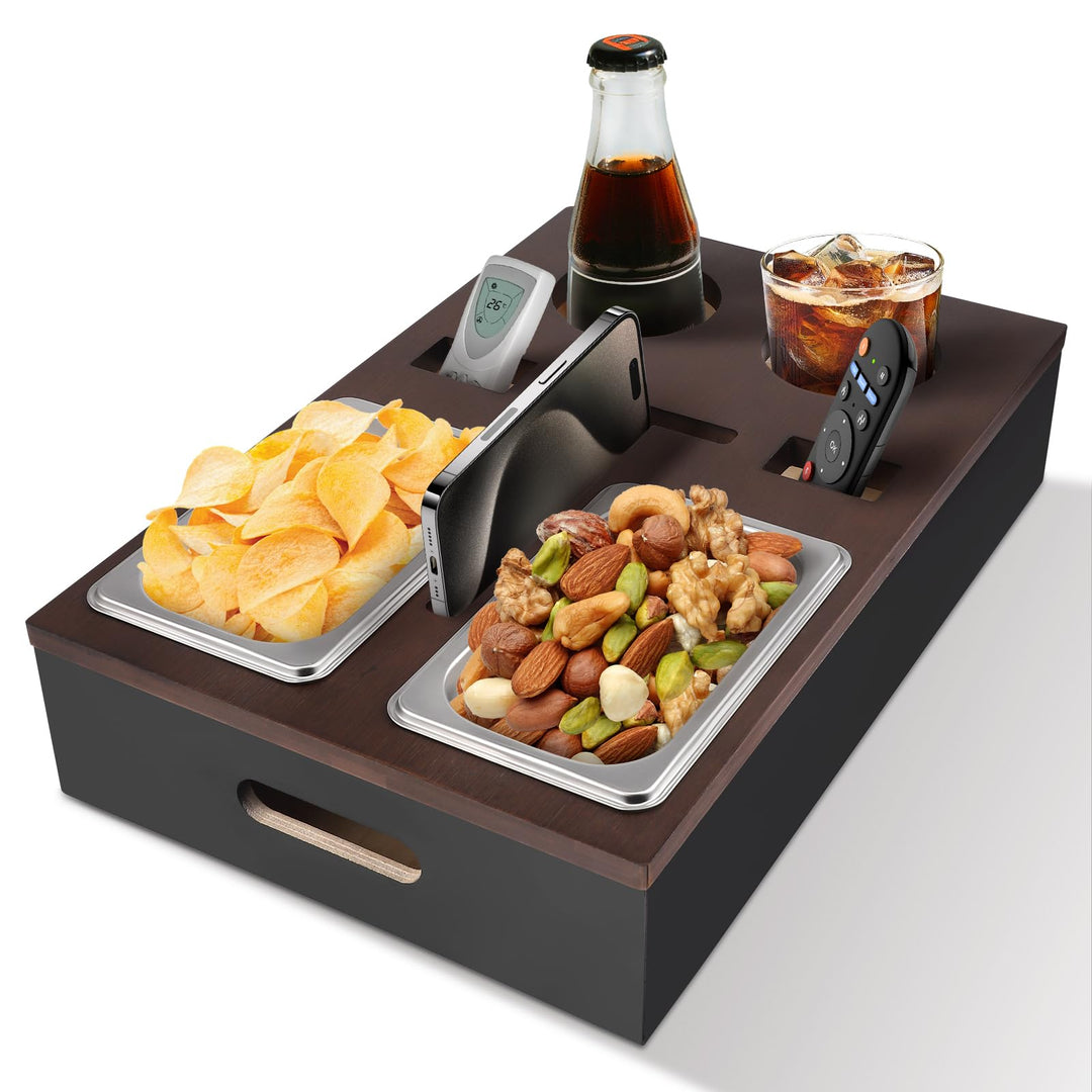 Sofa Tablett Bambus mit Edelstahl-Schalen &amp; Organizer für Couch Snack