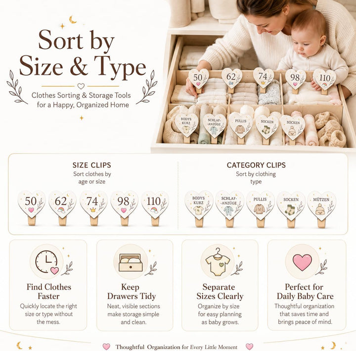 27 Stück Herzform Grössentrenner Baby, Grössenclips mit Gravur (50-122), B