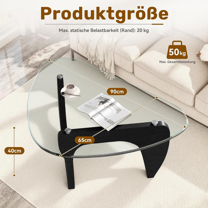 Beistelltisch Dreieckig Couchtisch Glas Transparent, Wohnzimmertisch im Minimalistischen Design, MDF