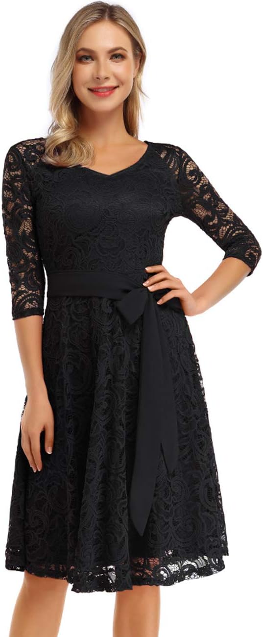 KOJOOIN Damen Vintage Brautjungfernkleider für Hochzeit Knielang Spitzenkleid Cocktailkleid Ballklei