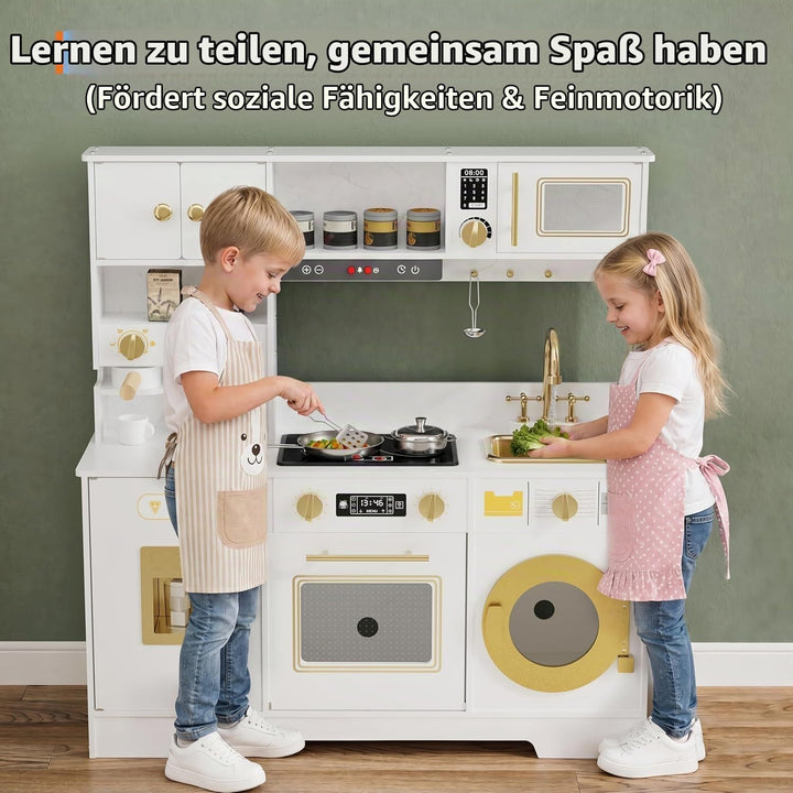 Kinderküche Holz mit Licht, Geräuschen, Herd und Zubehör Weiss, Weiss
