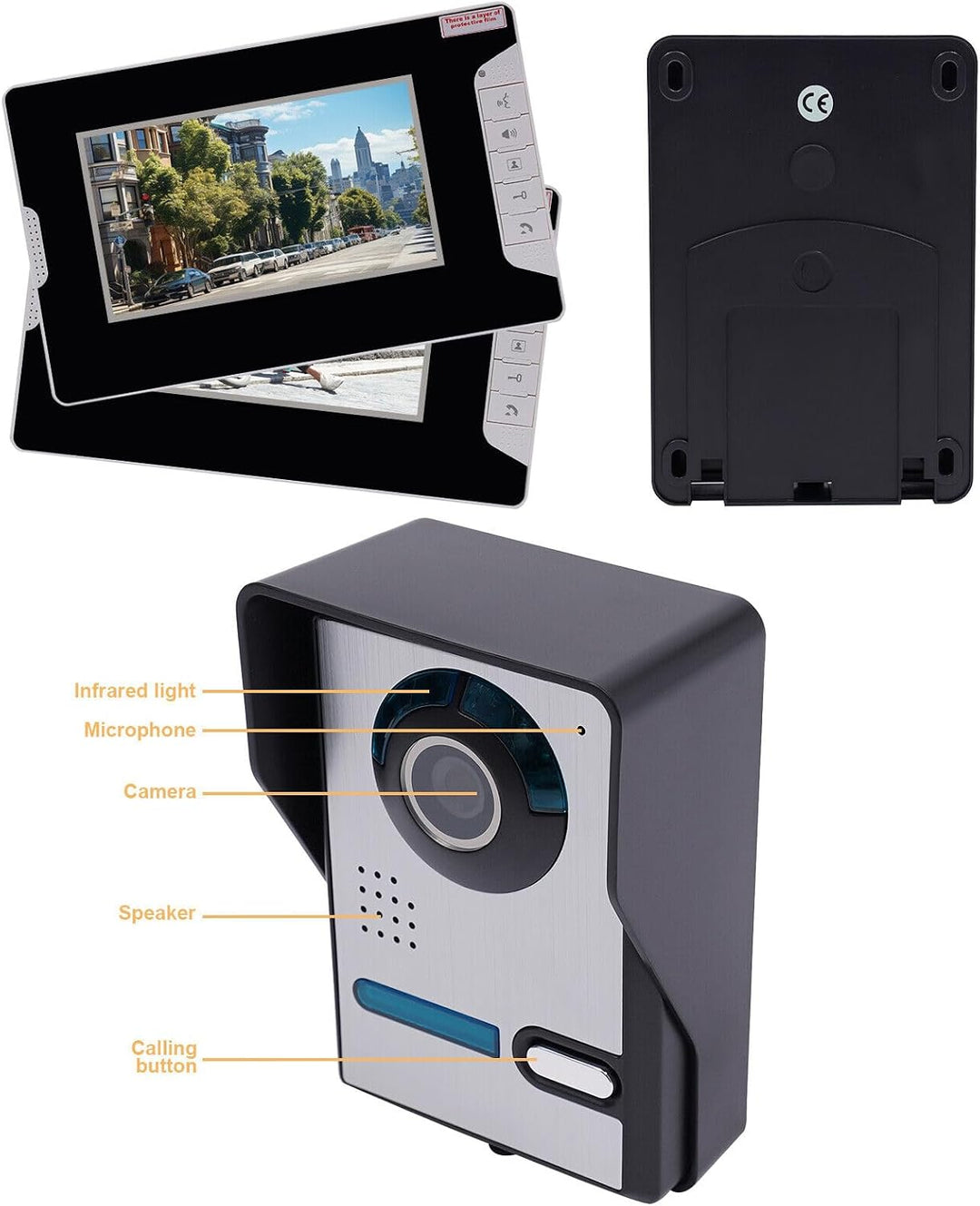 Video Türsprechanlage 2 Monitore 7" Farb-TFT-LCD mit Kamera und Nachtsicht – Drehbare Kamera, Freisp